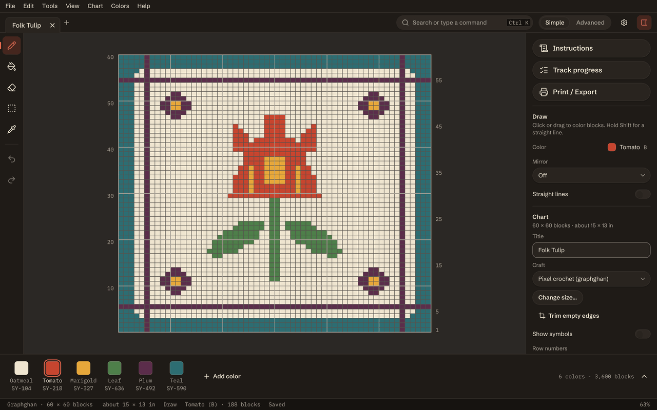 The editor in the dark Charcoal theme. The chart is Folk Tulip, 60 by 60 blocks: a red tulip with green leaves on an oatmeal ground, framed by a teal and plum border, with small plum flowers in the corners.