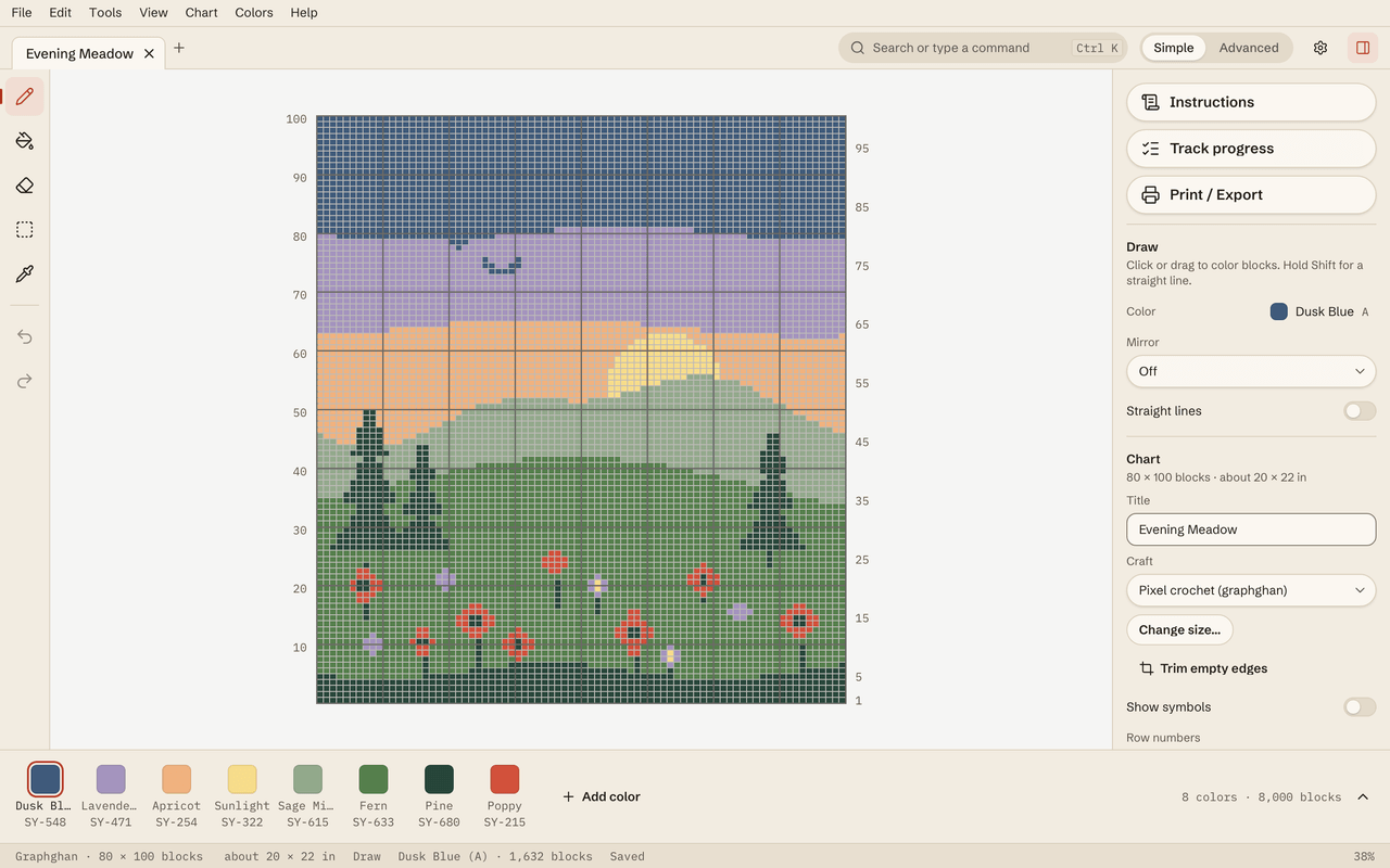 The editor in Simple mode with the light Linen theme. The chart is Evening Meadow, 80 by 100 blocks: a dusk-blue and lavender sky, a low yellow sun, green hills, dark pine trees and red poppies. The tools run down the left edge, eight yarn colors sit in the palette strip at the bottom, and the right panel has Instructions, Track progress and Print / Export buttons above the Draw and Chart options.