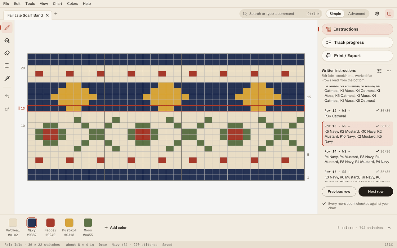 A Fair Isle Scarf Band chart, 36 by 22 stitches in navy, oatmeal, madder red, mustard and moss green, with row 13 outlined. The Instructions panel is written in knit terms, for example “Row 13 · RS ←: K5 Navy, K2 Mustard, K10 Navy…” and “Row 14 · WS →: P4 Navy, P4 Mustard, P8 Navy…”, each with a 36/36 check.