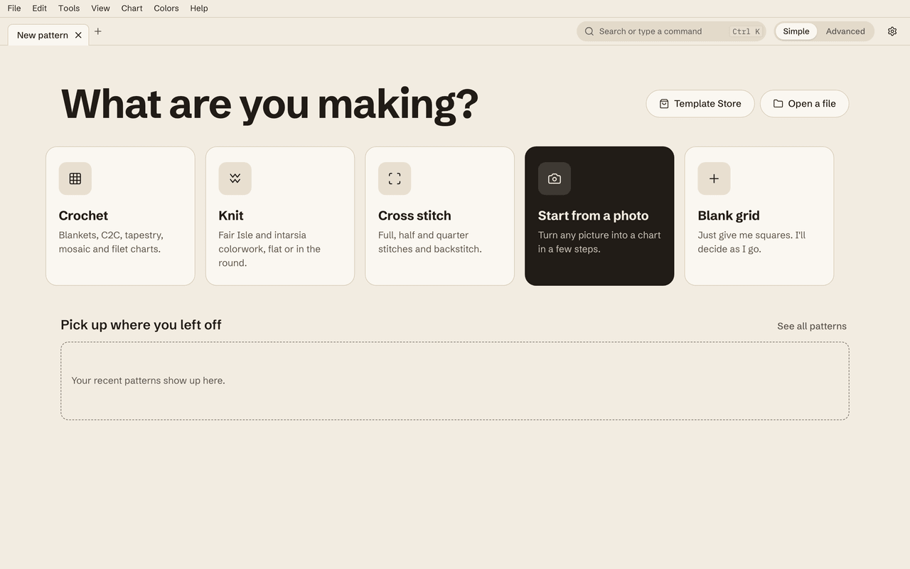 The StitchWing Start screen. A large heading asks “What are you making?”. Below it are five cards: Crochet, Knit, Cross stitch, Start from a photo and Blank grid. Template Store and Open a file buttons sit at the top right, and an empty “Pick up where you left off” area waits for recent patterns.